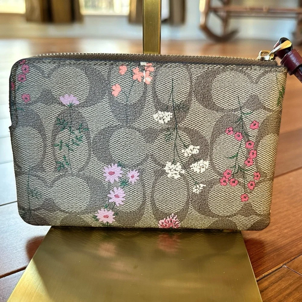 Coach Floral Print Wristlet in Brown and Pink